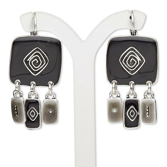 Updated Mid Century Style Black Gray Enameled Rectangles Silver Accents Earrings - Picture 1 of 1